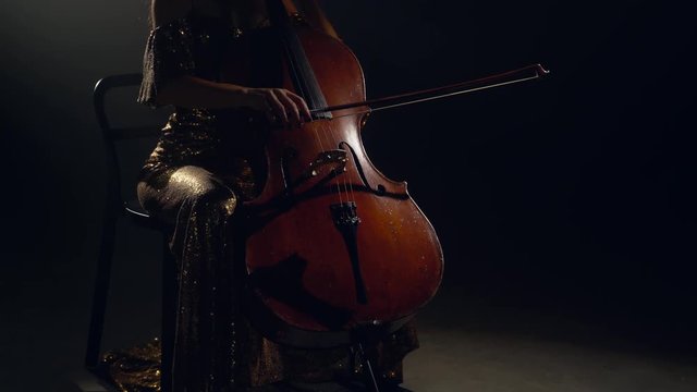 The cellist performs on stage.