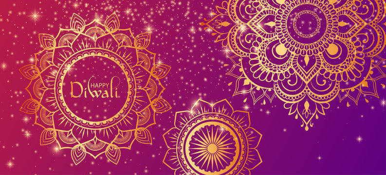 Happy Diwali Hindu gradient banner with golden traditional ornament.