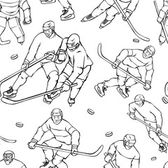 Vector pattern hockey player goalkeeper in sports uniform. Black white outline seamless background. Vintage sportsmans motion with hockey stick and puck in different race.