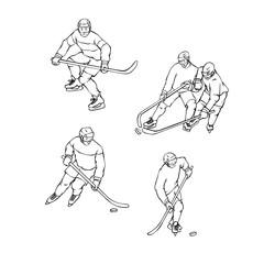 Vector set hockey player in sports uniform black white outline illustration. Vintage sportsmans motion with hockey stick and puck in different race.