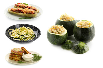 Different tasty dishes with zucchini on white background