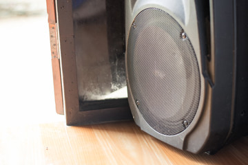 black Loudspeaker box on wooden background © apichart609