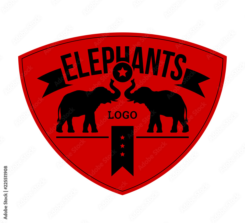 Wall mural Logo elephants silhouettes, sign emblem design on a red background