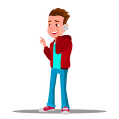 Kid Boy Talking On Mobile Phone Vector. Isolated Illustration