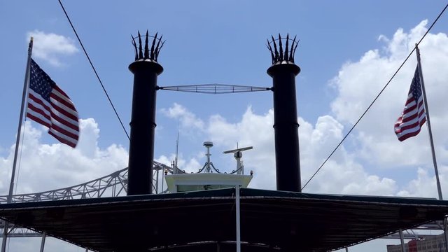 Detail of smokestacks on a tourist steamboat on the Mississippi river in New Orleans, Louisiana, United States of America