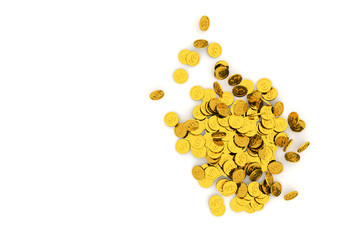 Bunch or pile of illustrative gold coin, background isolated on white. Business, graphic, repeat & effect.