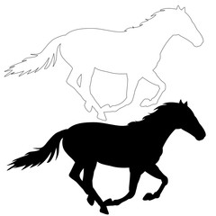 on white background, black silhouette horse running