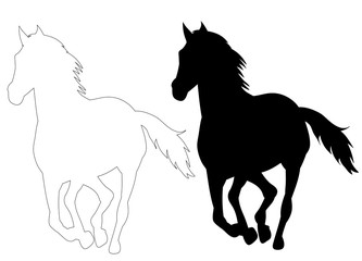 Fototapeta na wymiar on white background, black silhouette of running horse