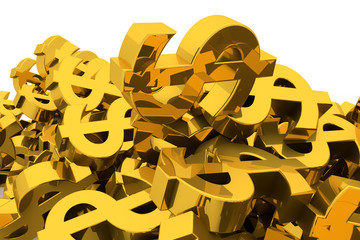 Bunch or pile of illustrative gold dollar sign, background isolated on white. Canvas, digital, creative & decoration.