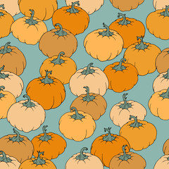 vector seamless ornament with orange and beige pumpkins, perfect for prints on wrapping paper, fabric, wallpaper, as a background or backdrop for the theme of Halloween, harvest or vegetables