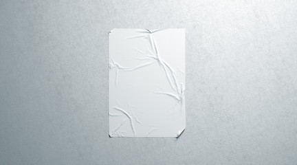 Blank white wheatpaste adhesive poster mockup on textured wall, 3d rendering. Empty street art...