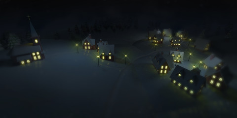 traditional winter mountain village at winter calm night, winter seasonal 3D illustration background