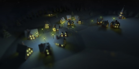 illuminated mountain resort at winter calm night, winter seasonal 3D illustration background
