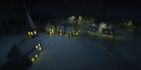 illuminated village at winter calm night with church, winter seasonal 3D illustration background