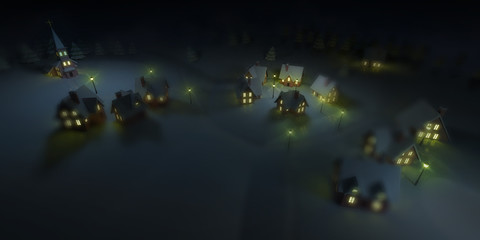 illuminated village with lamps at winter calm night, winter seasonal 3D illustration background