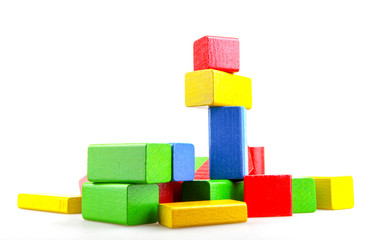 Wooden building blocks isolated on white background.