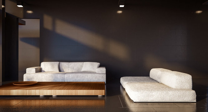 minimal living room and black wall / 3d render image