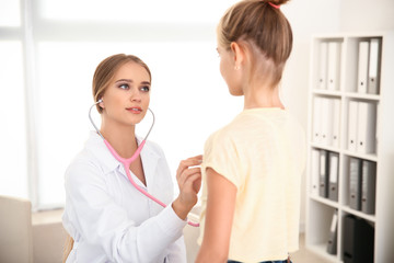 Female doctor examining little girl in clinic