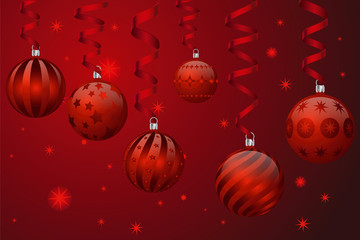 Red Christmas and ribbons balls on red background
