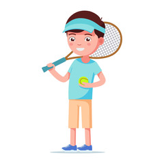 Cartoon boy standing with a tennis ball and racket