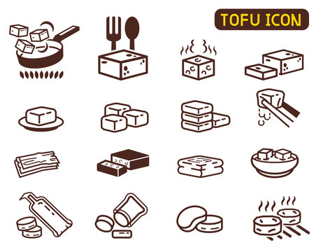 Cooking Tofu icon collection. Asian Cuisine ingredient. Soy milk processing.