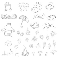 Autumn set of 35 elements: leafs, clouds, nuts, mushrooms, , berries, umbrella, scarf, hat, rubber boots, fall season, line art, cartoon style, black outline drawn, collection of vector objects
