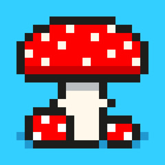Fototapeta premium Pixel art, digital mushroom, big and small red amanita, flat web icon, vector design retro object