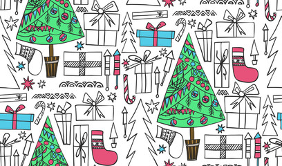 Abstract beautiful artistic graphic multicolor lovely holiday new year doodles pattern Christmas tree, presents, fireworks vector hand illustration. Doodle design