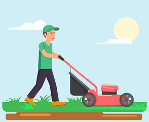Man with lawn mower cartoon