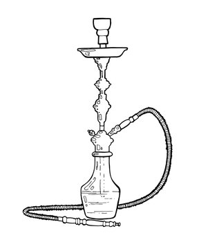 Shisha, hookah hand drawn doodle vector.Illustration isolated on white foe hookah bar or lounge. vector illustration of hookah with smoking pipe, hubble bubble, oriental bar.