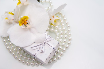 Fototapeta na wymiar Gift box and white orchid on a white background 