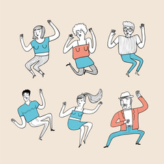 Collection of hand drawn people on the beach.  Vector illustrations in sketch doodle style.