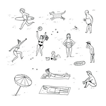 Collection of hand drawn people on the beach.  Vector illustrations in sketch doodle style.