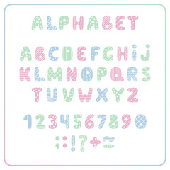Set of colored letters and numbers. Childrens alphabet. Font for kids. Light colors, pink, blue, green on white background.