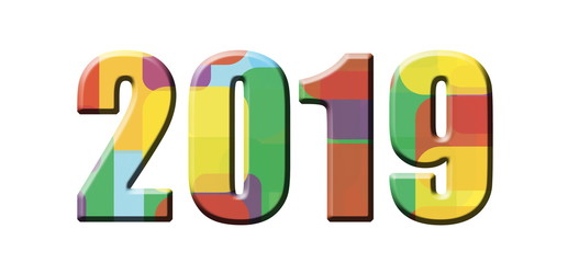 2019 colorful rainbow numbers. Happy New Year and Christmas. Abstract geometric figures. White isolated