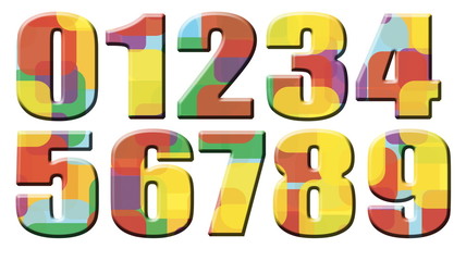 0 1 2 3 4 5 6 7 8 9 Set of Colorful rainbow numbers. One, two, three, four, five, six, seven, eight, nine, zero. White isolated