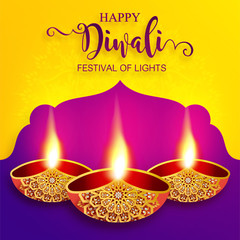 Happy Diwali festival card with gold diya patterned and crystals on paper color Background.