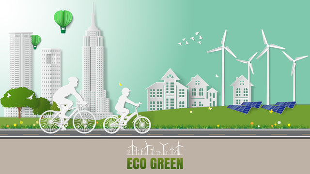 Paper folding art origami style vector illustration. Green sustainable energy ecology development, environment friendly concept. Father and son spinning bicycles in a public park with city background