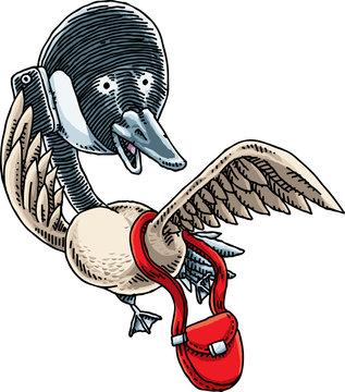 Cartoon Canada Goose in flight and talking on a mobile phone while carrying a red purse.