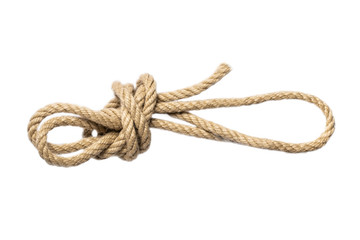 Close-up of node or knot from two ropes isolated on a white background. Navy and angler knot.
