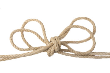 Close-up of node or knot from two ropes isolated on a white background. Navy and angler knot.