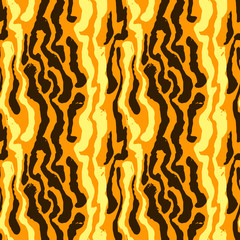 Vector illustration tiger print seamless pattern. Orange and yellow hand drawn background.