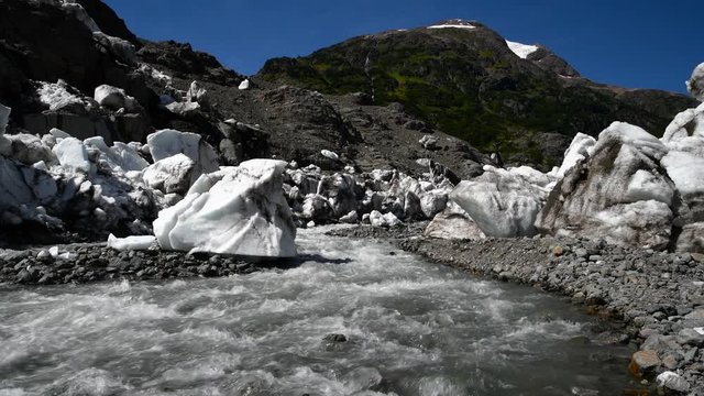 Melting glacier water flowing down a river during summer