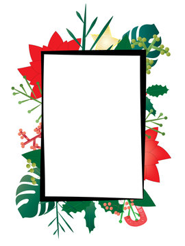 Marco rectangular blanco con espacio para escribir, rodeado de follaje. Hojas y flores.