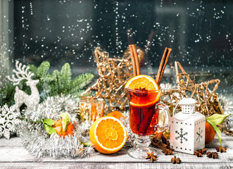 Christmas window decoration Mulled wine fruits spices
