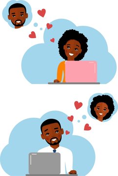 Vector flat lover concept on the computer screen sent a message of love. Cute cartoon illustration of people in love using computer and internet. Lovers chat online on the Internet

