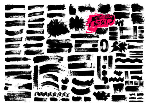 Giant set of brush strokes. Paint, ink, grunge, brushes, lines. Dirty artistic design elements, boxes, frames. Freehand drawing. Vector illustration. Isolated on white background.