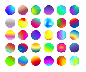 Set of rounded holographic gradient sphere button. Multicolor cyan fluid circle gradients, colorful soft round buttons or vivid color spheres. Vector illustration. Isolated on white background.