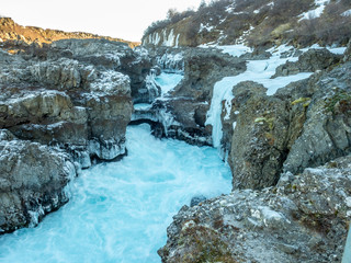 Barnafoss waterfall in winter season, Iceland