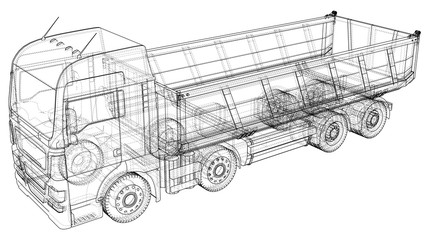Dumper Truck Dumped. Wire-frame style. The layers of visible and invisible lines are separated. Vector illustration. Tracing illustration of 3d. EPS 10 vector format. © mirexon